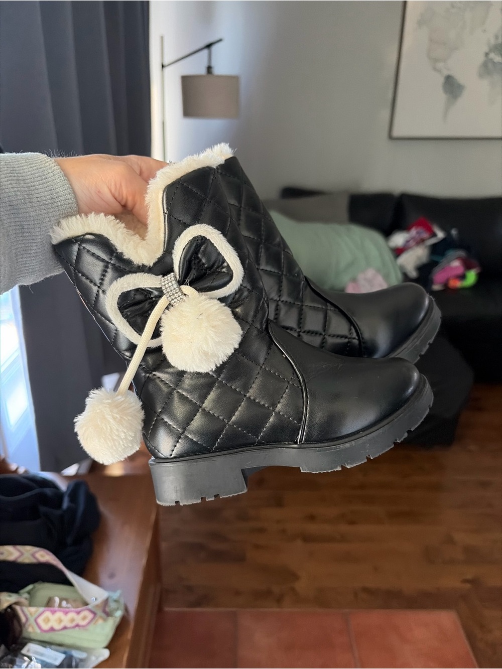 Quilted Black Faux-Fur Pom Winter Boots size 27 toddler 10